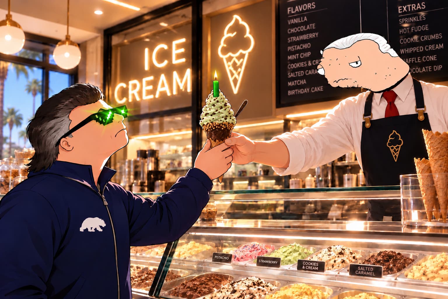 Parody illustration: the $NUSUM mascot in green pixel sunglasses is handed a mint ice-cream cone with a green candle by a cartoon shopkeeper.