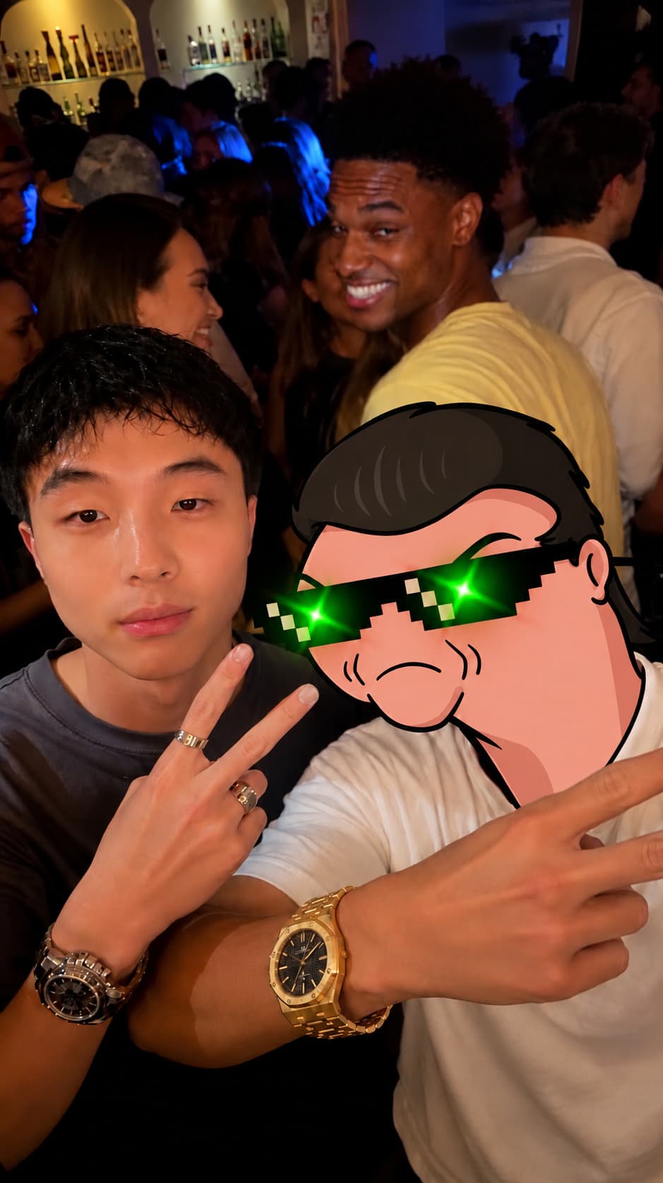 Parody edit: the $NUSUM mascot in green pixel sunglasses poses for a selfie with a fan at a crowded party.