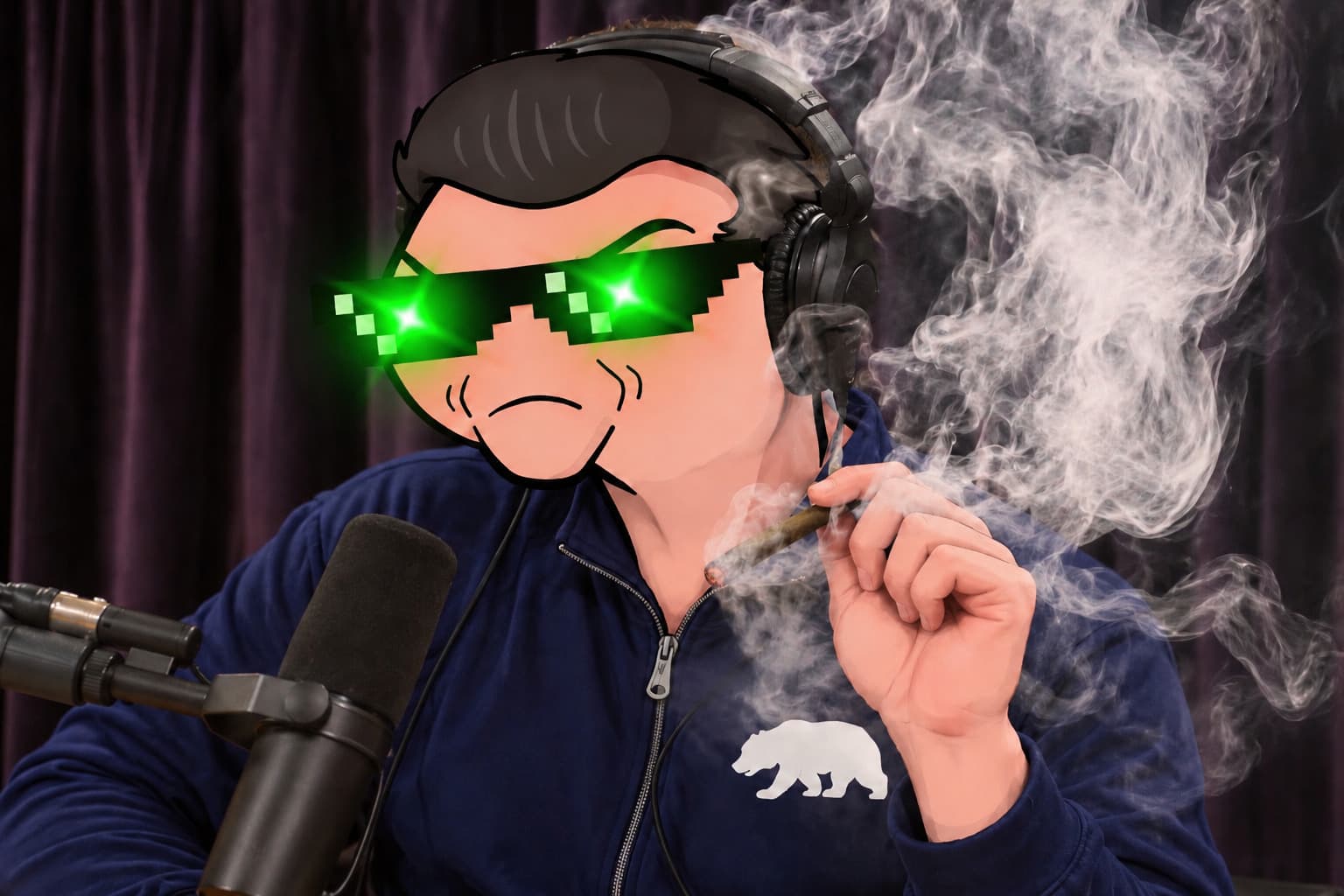 Parody illustration: the $NUSUM mascot in headphones and green pixel sunglasses sits at a podcast microphone in a cloud of smoke.