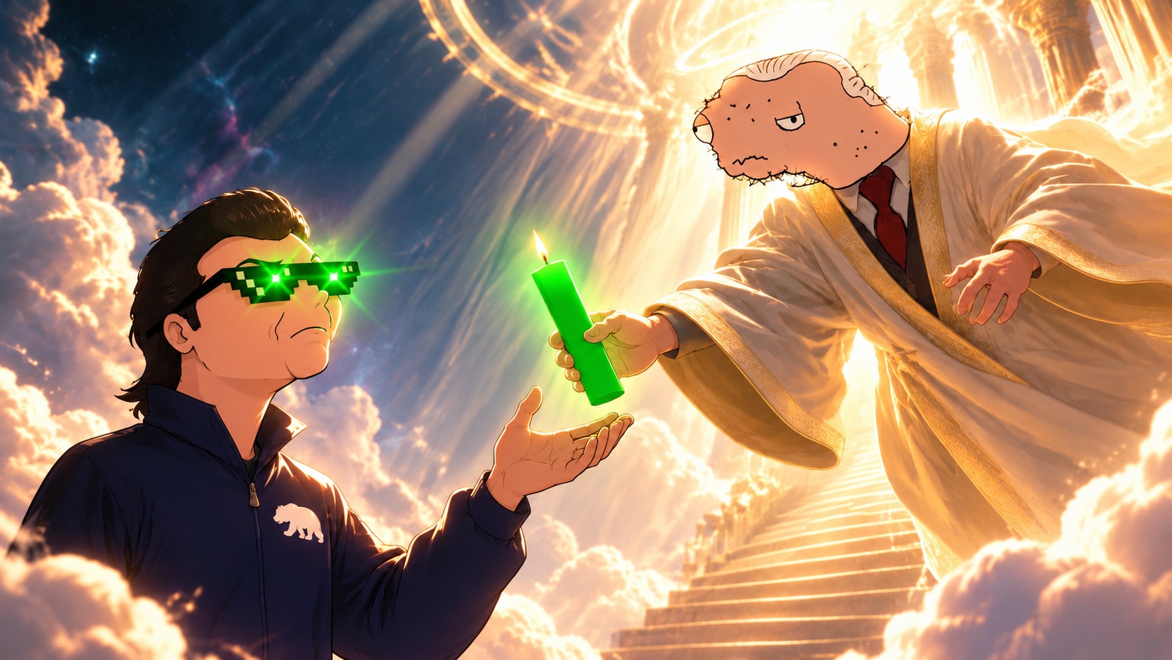 Parody illustration in full colour: the $NUSUM mascot in neon-green pixel sunglasses reaches for a glowing green candle handed down by a robed celestial figure on a stairway of clouds.